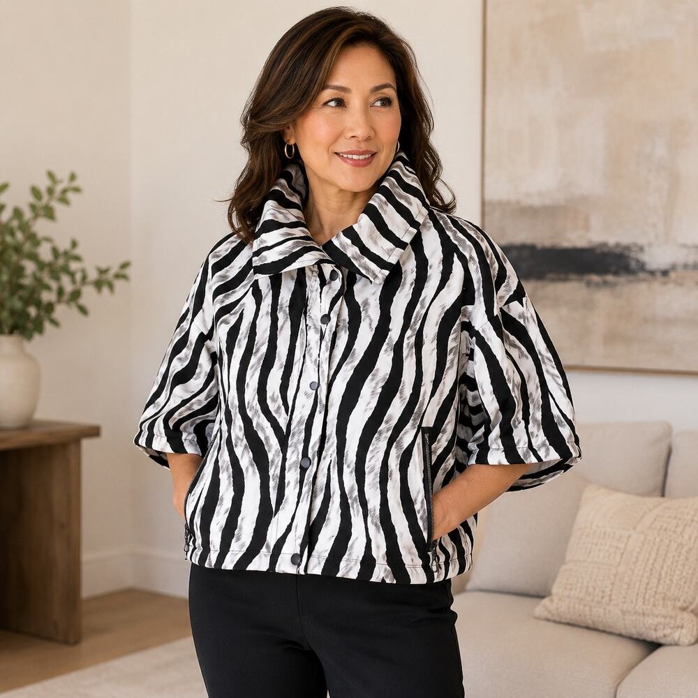 Samuel Dong Women’s L Zebra Print Statement Collar Cropped Jacket Snap Front